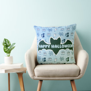 Ghost, Spiderwebs and Black Cats Blue Cushion
