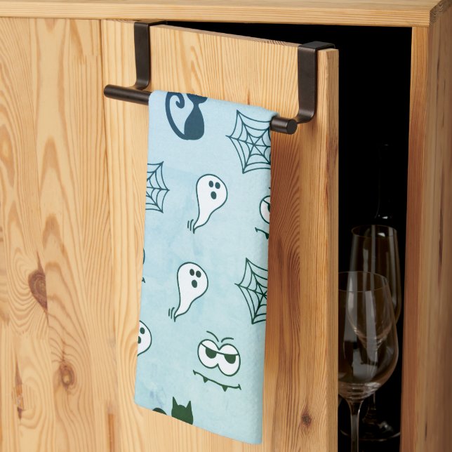 Ghost, Spiderwebs and Black Cats Blue Tea Towel (Thirds Fold)