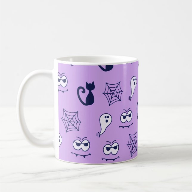 Ghost, Spiderwebs and Black Cats Purple Coffee Mug (Left)