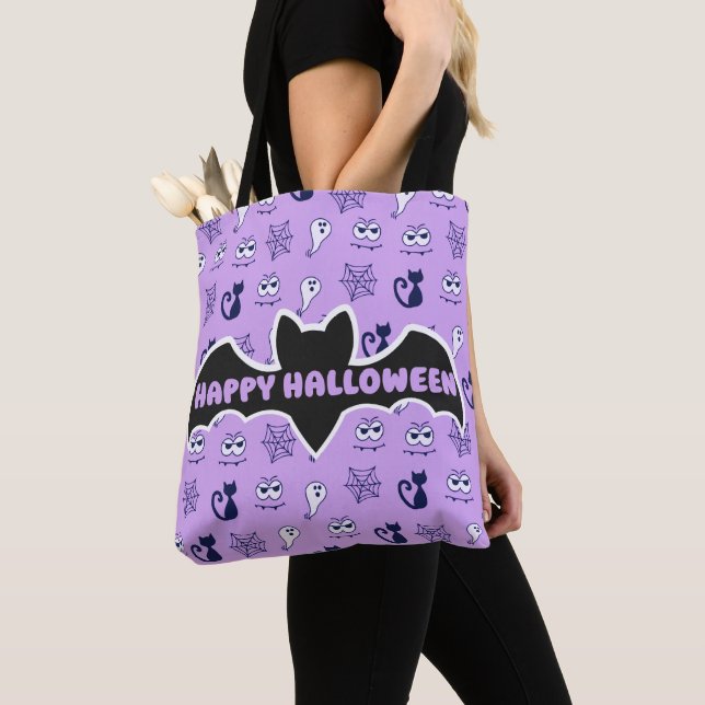 Ghost, Spiderwebs and Black Cats Purple Tote Bag (Close Up)