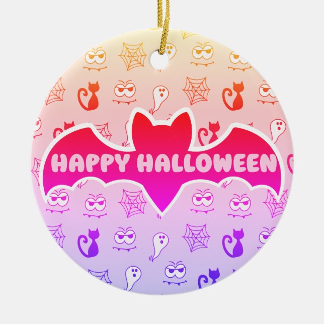 Ghost, Spiderwebs and Black Cats Rainbow Ceramic Ornament (Front)