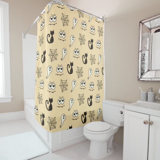 Ghost, Spiderwebs and Black Cats Yellow Shower Curtain (In Situ)