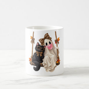 Ghost Swing Black Cat Leopard Bow Halloween Coffee Mug
