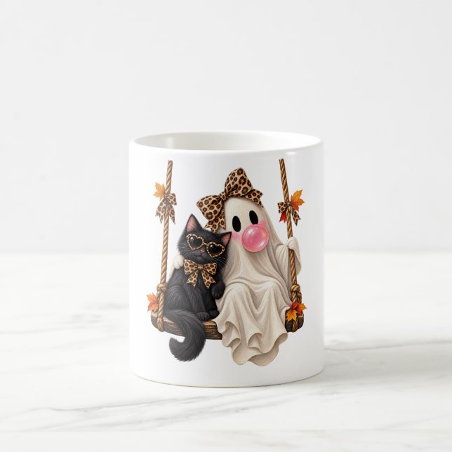 Ghost Swing Black Cat Leopard Bow Halloween Coffee Mug (Center)