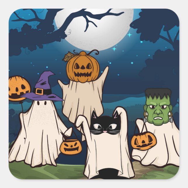 Ghost Trick-or-Treaters Stickers, Sheet of 20 Square Sticker (Front)