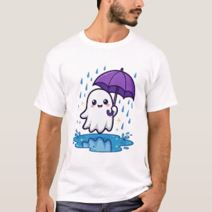 Ghost Umbrella Rainy Night Cute Halloween Art T-Shirt
