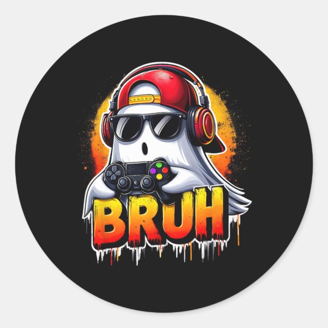 Ghost Video Game Bruh Halloween Gaming Controller  Classic Round Sticker (Front)