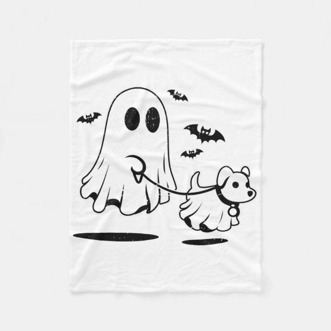 Ghost Walking Dog Dressed As Ghost Funny Halloween Fleece Blanket (Front)