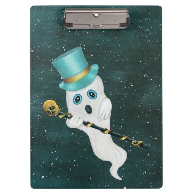 Ghost Wearing Top Hat With blue Eyes Skull Cane Clipboard (Front)