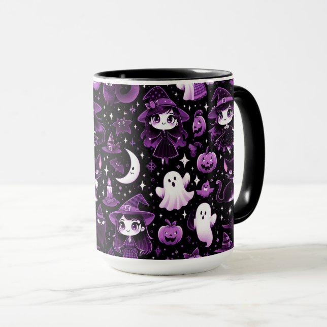 Ghost, Witches, Black Cats, Bats and Moons  Mug (Front Right)