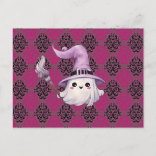Ghost Witch's Hat Broom Pink Purple Halloween Holiday Postcard