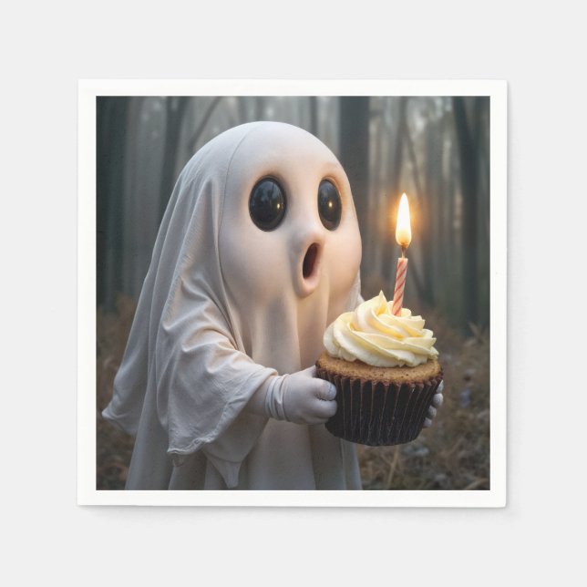 Ghost With a Birthday Cupcake Napkin (Front)