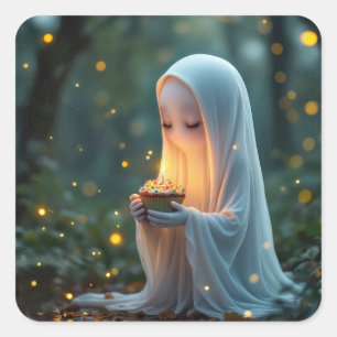 Ghost With a Birthday Cupcake Square Sticker