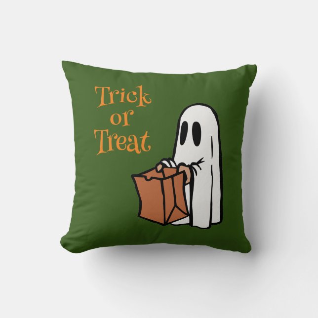 Ghost with Bag Trick or Treating Throw Pillow (Front)