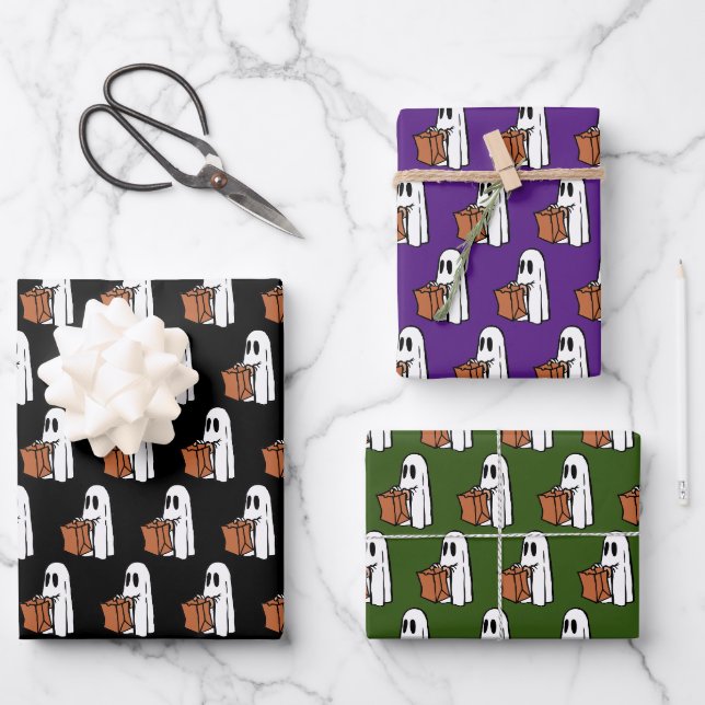 Ghost with Bag Trick or Treating Wrapping Paper Sheet (Front)