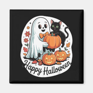 Ghost With Black Cat 70s Floral Spooky Season Magnet