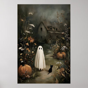 Ghost with Black Cat at Night – Haunted House Poster