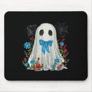 Ghost With Blue Bow Coquette And Flowers Halloween Mouse Pad