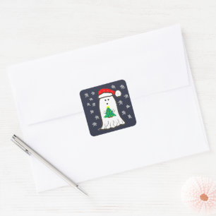 Ghost with Christmas Tree Square Sticker