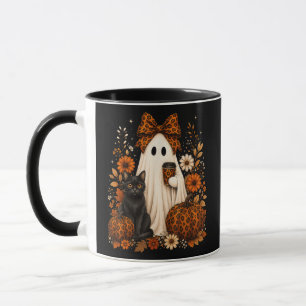 Ghost with Coffee Black Cat Halloween Mug