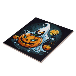 Ghost with glowing pumpkins on Halloween Ceramic Tile