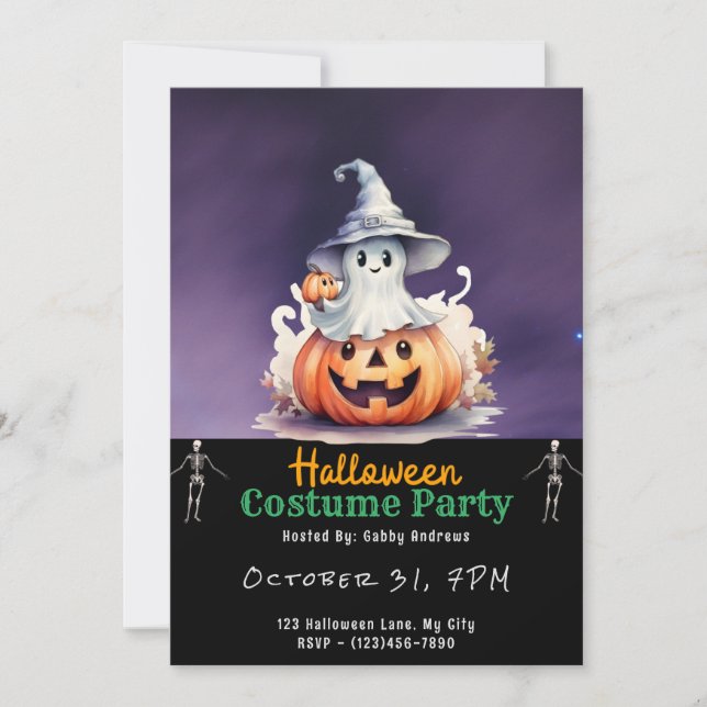Ghost with Grey Witches Hat Black Halloween Invitation (Front)