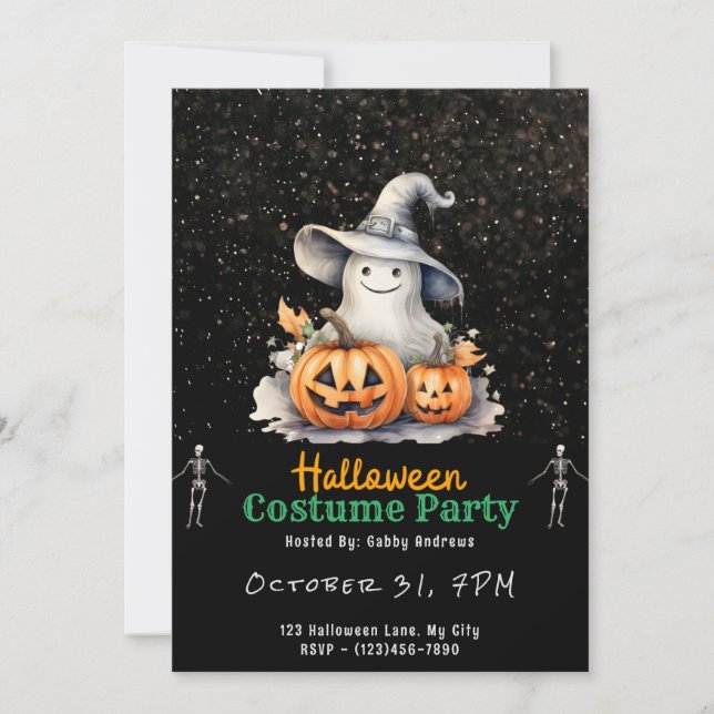 Ghost with Grey Witches Hat Black Halloween Invitation (Front)