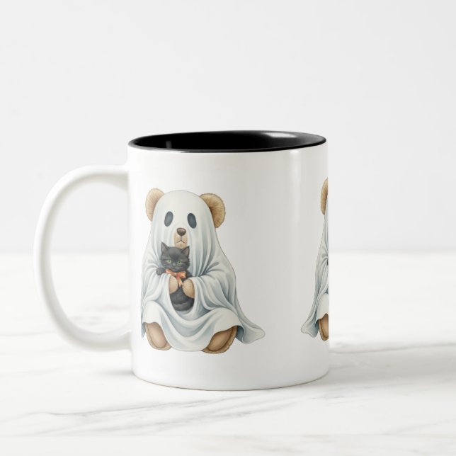 Ghost with Kitten, Teddy Bear, Halloween, Author N Two-Tone Coffee Mug (Left)