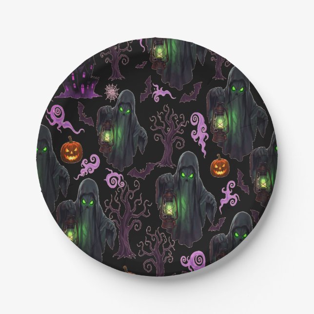 Ghost with Lantern and Green Eyes Paper Plate (Front)