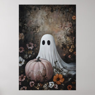 Ghost with pink pumpkin in fall flower, dark poster