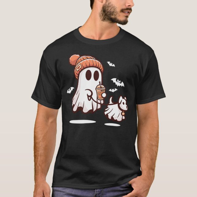 ghost with walking dog halloween T-Shirt (Front)