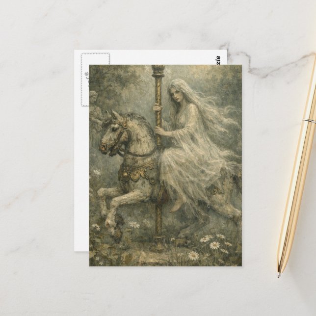 Ghost Woman on Abandoned Carousel Horse in Garden Postcard (Front/Back In Situ)
