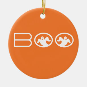 Ghostly Boo Halloween Ornament, Orange and White Ceramic Tree Decoration