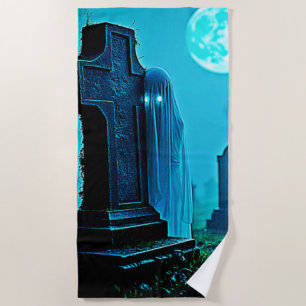 Ghostly Figure in a Graveyard Design Beach Towel