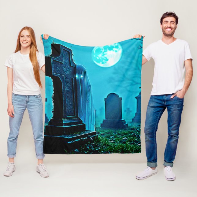 Ghostly Figure in a Graveyard Design Fleece Blanket (In Situ)