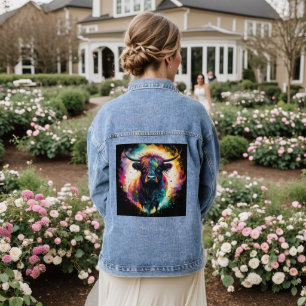 Ghostly Grace: Spectral Holographic Highland Cow, Denim Jacket