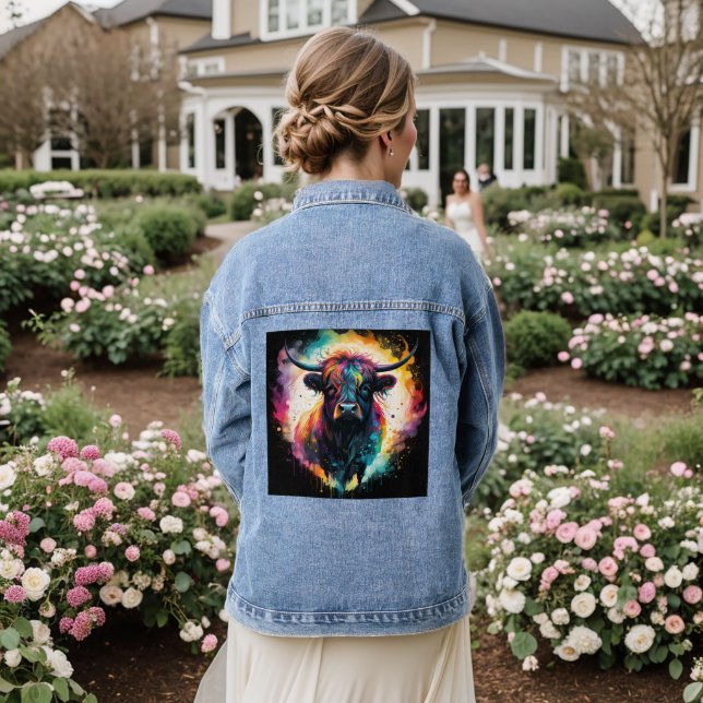 Ghostly Grace: Spectral Holographic Highland Cow, Denim Jacket (Wedding Back)