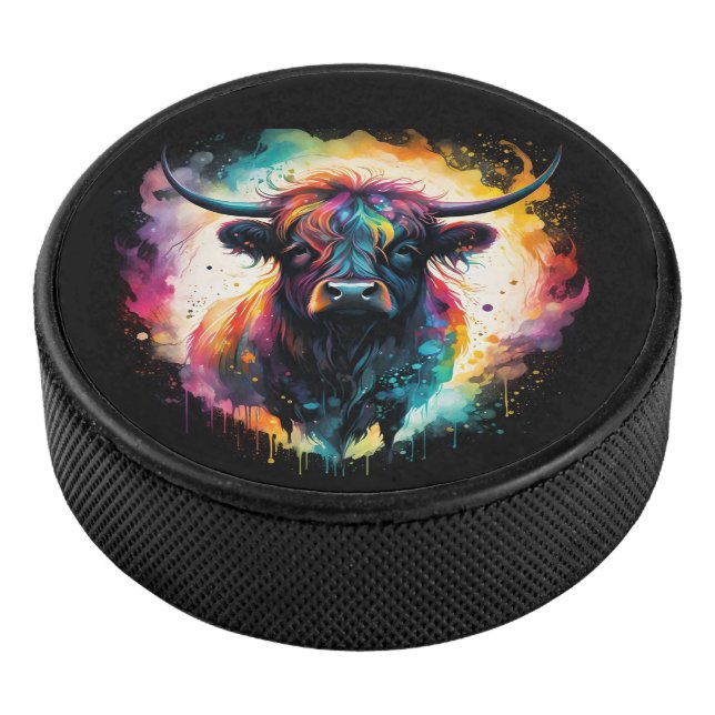 Ghostly Grace: Spectral Holographic Highland Cow, Hockey Puck (3/4)