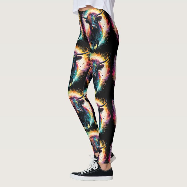 Ghostly Grace: Spectral Holographic Highland Cow, Leggings (Left)