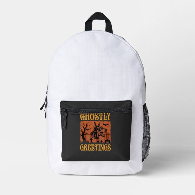 Ghostly Greetings Halloween Doberman Cemetery Desi Printed Backpack (Front)