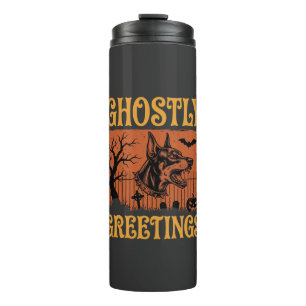 Ghostly Greetings Halloween Doberman Cemetery Desi Thermal Tumbler
