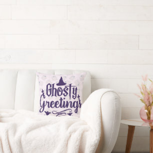 Ghostly Greetings Pale Pink Halloween Cushion