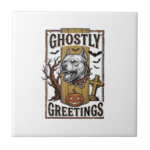 Ghostly Greetings Shirt Vintage Engraving Hallowee Ceramic Tile