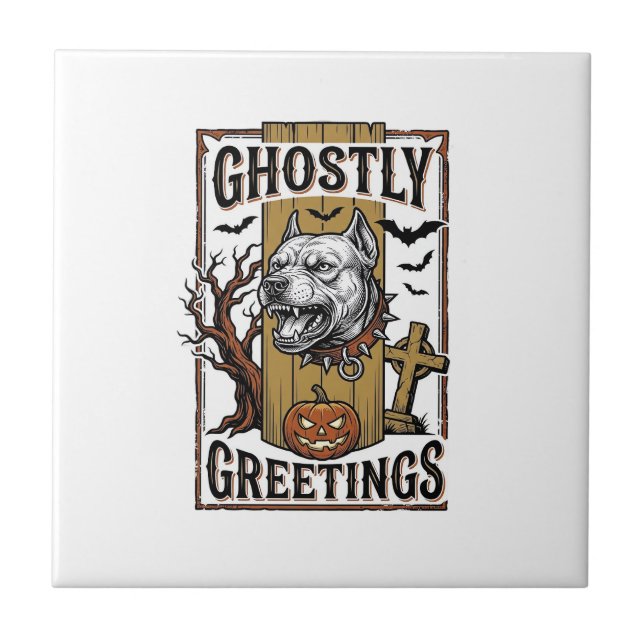 Ghostly Greetings Shirt Vintage Engraving Hallowee Ceramic Tile (Front)