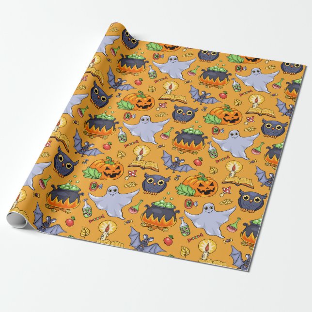 Ghostly Halloween Pattern Wrapping Paper (Unrolled)