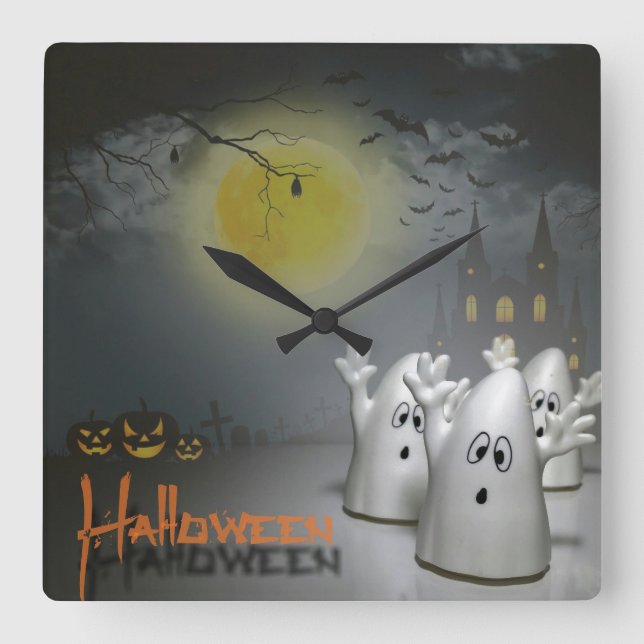 Ghostly Halloween Square Wall Clock (Front)