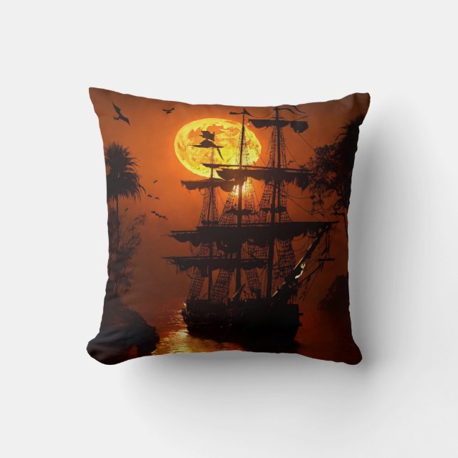 "Ghostly Pirate Ship Pillow" Cushion (Front)