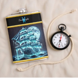 Ghostly Pirate Ship Sails Under Luminous Full Moon Hip Flask