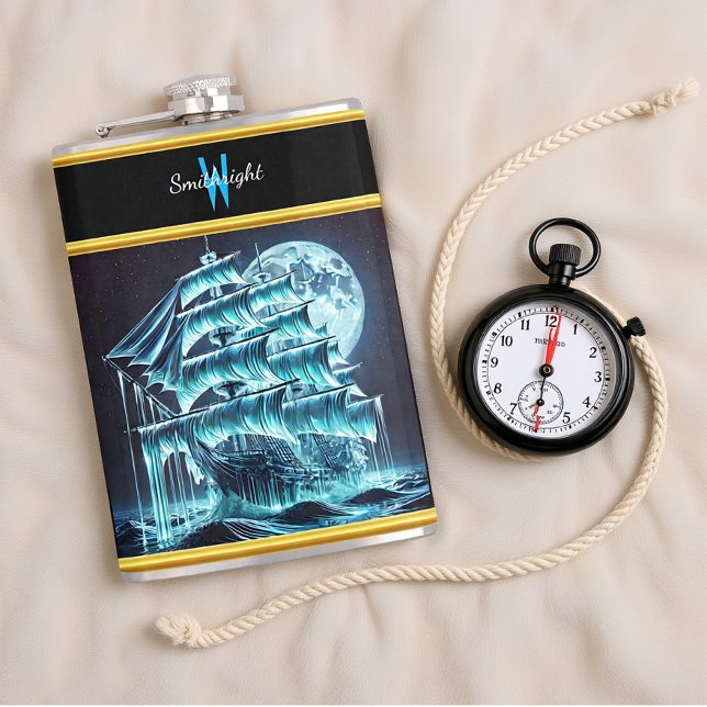 Ghostly Pirate Ship Sails Under Luminous Full Moon Hip Flask (Creator Uploaded)