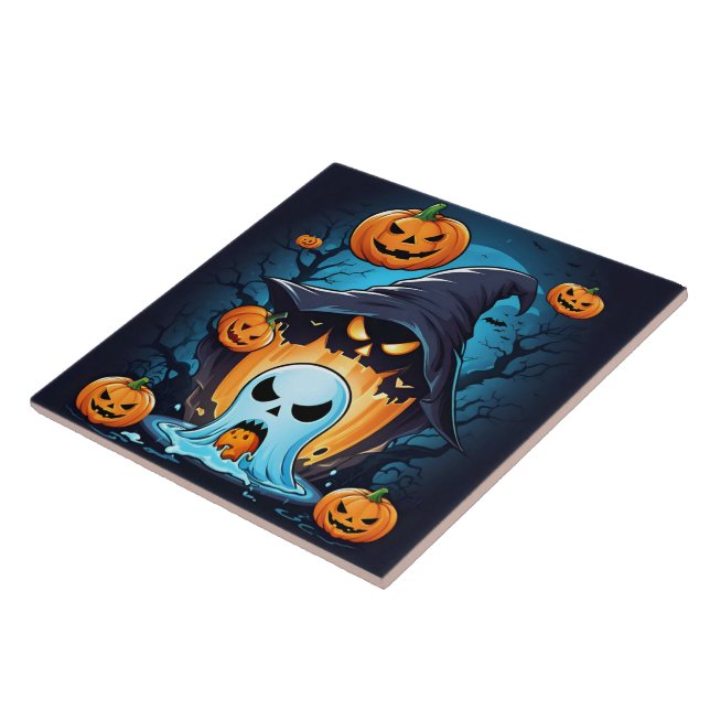 Ghostly pumpkins bring Halloween spirit to life Ceramic Tile (Side)